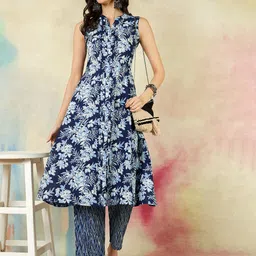 KIMAYRA Floral Printed Mandarin Collar A-Line Pure Cotton Kurta With Trousers-image-27
