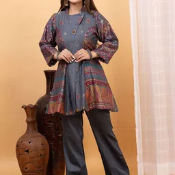 KIDAR Floral Jacquard Woven Design Mandarin Collar Tunic With Palazzo-image-47