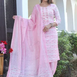 RI AND SU Floral Embroidered Round Neck Pure Cotton Straight Kurta With Salwar & Dupatta-picture-39