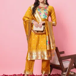 VredeVogel Women Cotton Silk Jacquard Straight Kurta With Pant & Dupatta Set-52