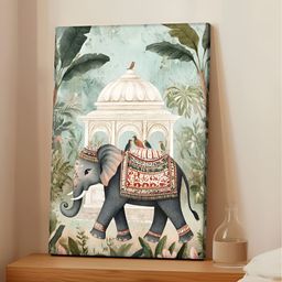 Art Street Green & White Elephant in Mughal Garden Stretched Canvas Wall Art-30
