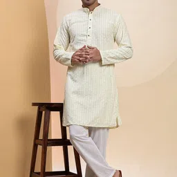 Pro-Ethic STYLE DEVELOPER Men Embroidered Chikankari Pure Cotton Kurta with Pyjamas-image-94