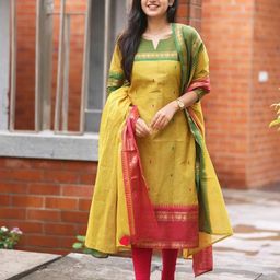 Shriyangan Woven Design Zari V-Neck A-Line Pure Cotton Kurta & Dupatta-image-50