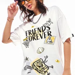 Bewakoof Women Graphic Printed Round Neck Pure Cotton Oversized Spongebob T-shirt-picture-44