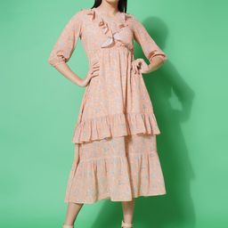 KATLINE Women Floral Printed Puff Sleeve A-Line Dress-image-52