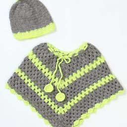 USHA ENTERPRISES Striped Half Sleeves Poncho With Cap - Lemon Green-image-92