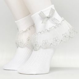 Flaunt Chic Lace Detailed Ankle 1 Pair Of Socks With Bow And Lace - Silver-image-1
