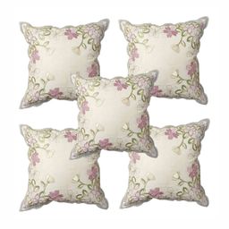 TANLOOMS Pink & Green 5 Pieces Floral Embroidered Square Cushion Covers-29