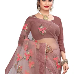 PATLANI STYLE Floral Embroidered Beads and Stones Net Saree image 5