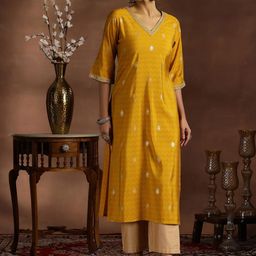 Libas Geometric Printed V-Neck Zari Pure Silk Straight Kurta-4