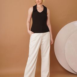 Chemistry Women Ribbed Above the Keyboard Collar Fitted Cotton Top-image-2