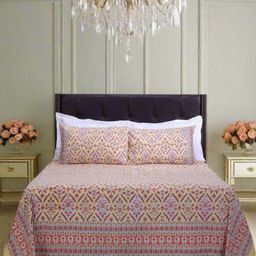 SHAHENAZ Mustard & Pink Floral Cotton 120 TC Queen Bedsheet with 2 Pillow Covers-image-35