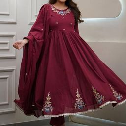 MILAAV Women Floral Embroidered Cotton Anarkali Kurta with Trousers & Dupatta-image-0