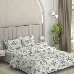 Pure Decor White & Blue Floral Polycotton 4 Piece Double King Superfine Bedding Set-image-91
