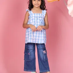 SAKA DESIGNS Girls Checked Square Neck Flutter Sleeves Empire Top-picture-31
