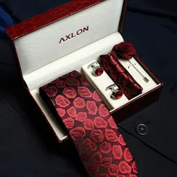 Axlon Men Geometric Tie, Cufflinks, Flower Pin & Pocket Square Accessory Gift Set-16