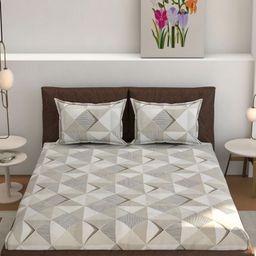 Florida Tan & White Geometric 180 TC Queen Bedsheet with 2 Pillow Covers-picture-11