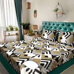 Aura White & Black Geometric Printed Fitted 300 TC King Bedsheet With 2 Pillow Cover-picture-58