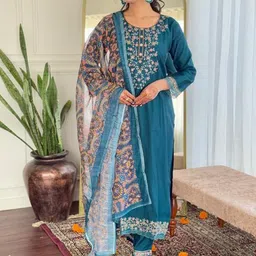Moda Rapido Floral Embroidered Round Neck Chanderi Silk Kurta With Trousers & Dupatta-picture-40