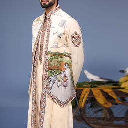 KALPRAAG Men Floral Embroidered Regular Sequinned Kurta with Trousers & With Dupatta image 3