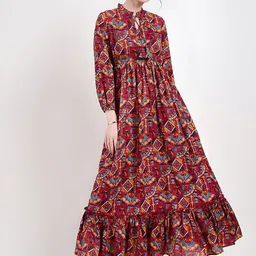 ZWERLON Floral Print Tie-Up Neck A-Line Maxi Dress-picture-36