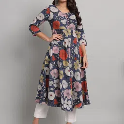 Anouk Floral Printed Pleated Pure Cotton A-line Kurta-29