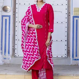KALINI Geometric Yoke Design V-Neck Panelled Straight Kurta & Trousers With Dupatta-picture-11