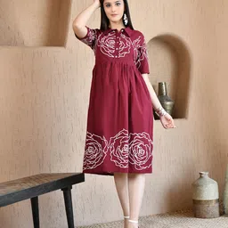 Sangria Women Self-Design Cotton Collared Shirt Midi Dress-image-46