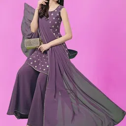 PARROT CREATION Geometric Embroidered Georgette Straight Kurti With Sharara & Dupatta image 2