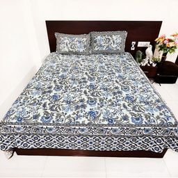 Marika White & Blue Floral Printed Cotton 260 TC King Bedsheet Set 2.74 m x 2.36 m-image-38