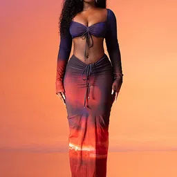 LULU & SKY Tie-Up Details Ombre Printed Sweetheart Neck Crop Top With Skirt Co-Ords-image-34