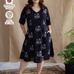THE INDIAN ETHNIC CO Women Charcoal A-Line Ajrakh Cotton Dress-picture-19