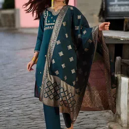Blissta Floral Embroidered Notch-Neck Straight Sequinned Kurta With Trousers And Dupatta-image-31