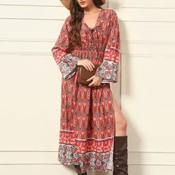 BAESD Women Ethnic Motifs Printed Tie-Up Neck Crepe A-Line Maxi Dress-image-17