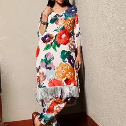 QISSA Floral Printed Regular Botanical Cluster Kurta With Trousers-image-8