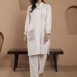 SRIHA Floral Printed Mandarin Collar Pure Cotton Tunic With Trousers-picture-27