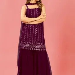 PARROT CREATION Embroidered Straight Sequinned Kurti With Palazzos And Dupatta-image-21