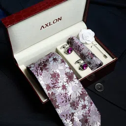 Axlon Men Floral Printed Tie & Cufflinks with Pocket Square Accessory Gift Set-40