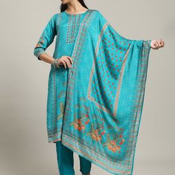 Meena Bazaar Floral Embroidered Thread Work Round Neck Kurta With Trousers & Dupatta-image-99