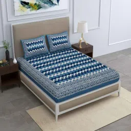 uniqchoice Navy Blue Abstract 120 TC Cotton Queen Sized Bedsheet with 2 Pillow Cover-picture-47