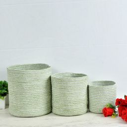Homefab India Green & White 3 Pieces Braided Woven Design Cotton Planter Baskets-10