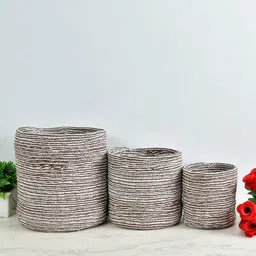 Homefab India Brown & White 3 Pieces Braided Woven Cotton Planter Baskets-9