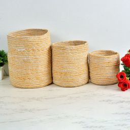 Homefab India Yellow & White 3 Pieces Braided Woven Cotton Planter Baskets-6