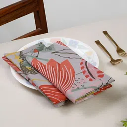 TARAN LIVING Grey & Pink 4 Pieces Floral Printed Cotton Dinner Table Napkins-63