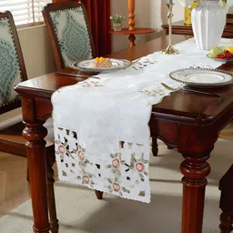 TANLOOMS White & Peach-Coloured Embroidered Satin Table Runner-23