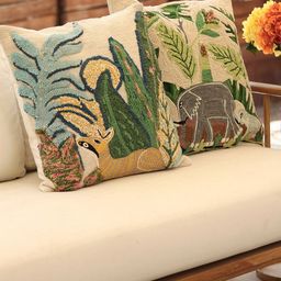 ICRAFT Beige Blue Floral Square Cushion Cover-image-7