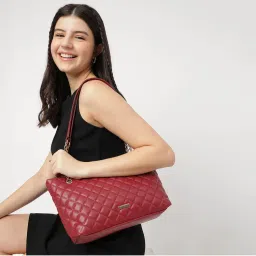 fastrack accessories Maroon Pu Structured Quilted Tote Bag with Chain Shoulder Straps-picture-21