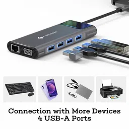NOVOO 12-in-1 USB 3.0 Type C to USB 2.0 Type A, USB 3.0 Type A, USB Type C, HDMI, SD Card Slot, TF Card, VGA Port, LAN Port, 3.5mm Stereo Multi-Port Hub (With LED Screen, Dark Grey) image 5