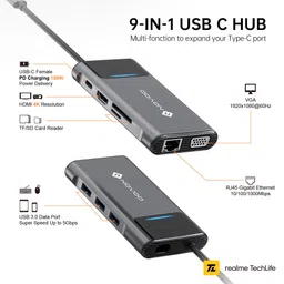 Novoo 9-in-1 USB 3.0 Type C to USB Type C, HDMI Type A, SD Card Slot, TF Card Reader, USB 3.0 Type A, VGA Port, RJ45 USB Hub (Dual Screen Display, Grey) image 5