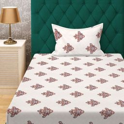 KLOTTHE Cream & Brown Floral Printed Fitted 300 TC Single Bedsheet with Pillow Cover-15